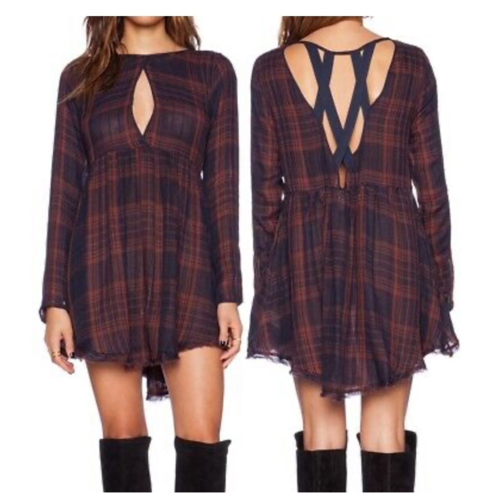 ✨NWT✨Free People Navy/Rust Plaid Dress